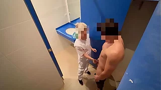 I surprise the gym cleaning girl who when she comes in to clean the toilet she catches me jerking off and helps me finish cumming with a blowjob